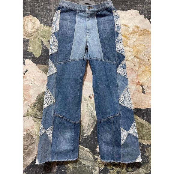 Free People Denim - NEW Free People My Element Patcheork Wide Crochet Flare Leg Jeans Size 25